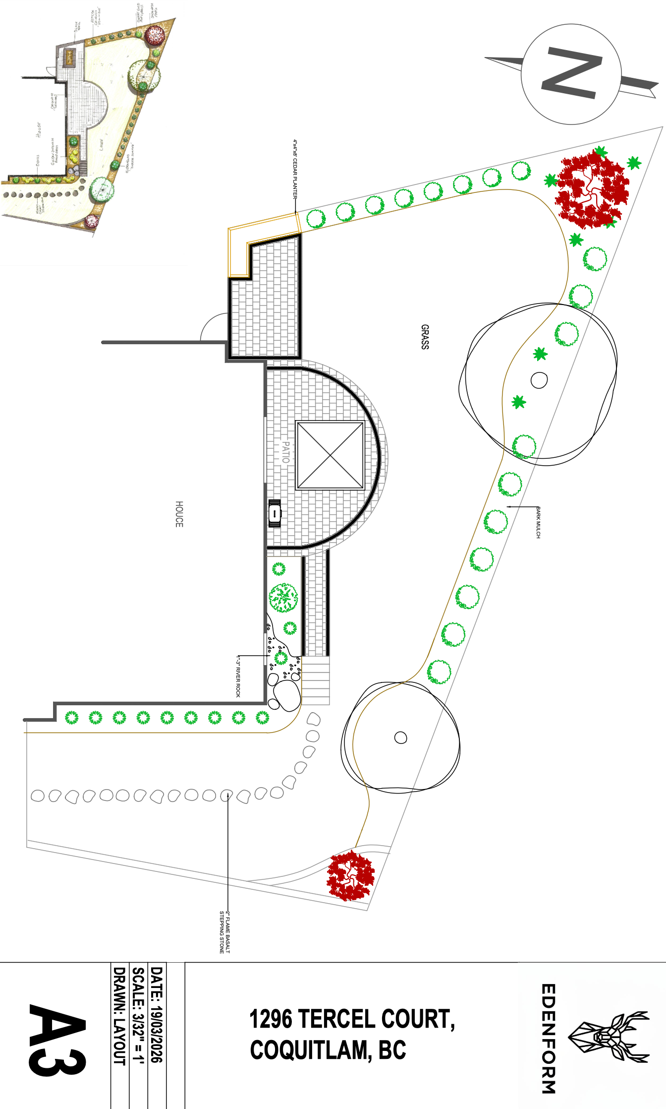 Landscape design plan for 1296 Tercel Court, Coquitlam, BC, showing garden layout, trees, grass areas, pathways, and patio.