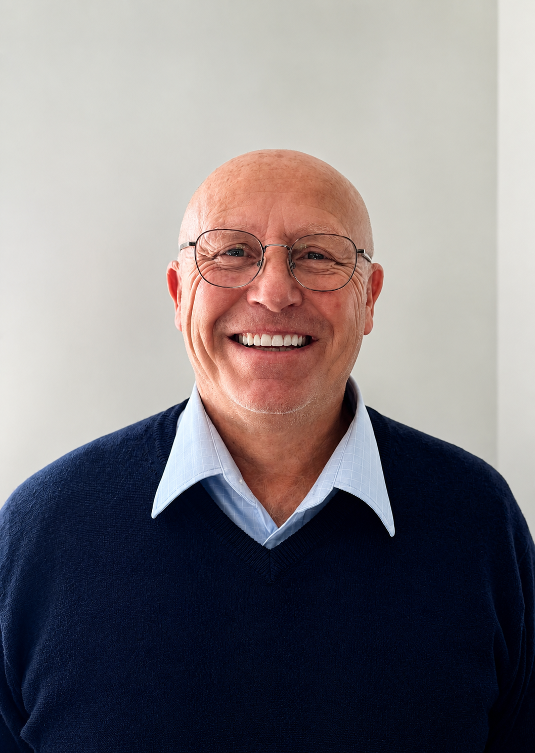 Smiling older man with glasses wearing a blue sweater over a light blue collared shirt, standing against a plain light background.