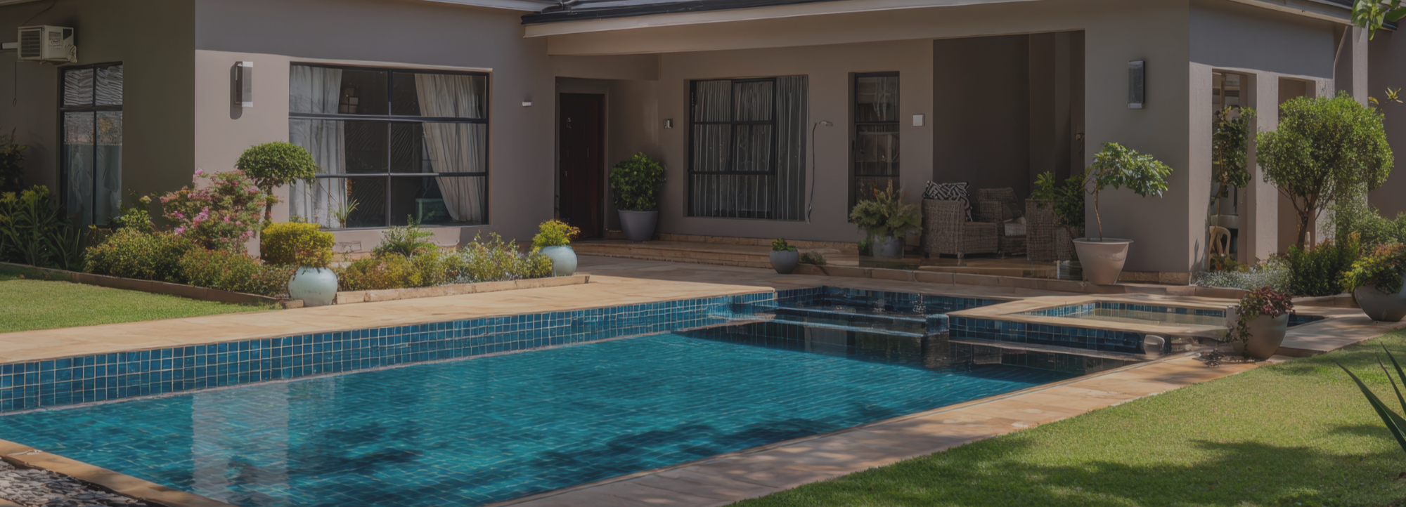 Backyard with swimming pool, garden, potted plants, and patio furniture outside a house.