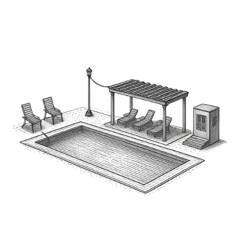 Illustration of a backyard swimming pool area with lounge chairs, a shaded seating area, a small structure, and a poolside lamp.