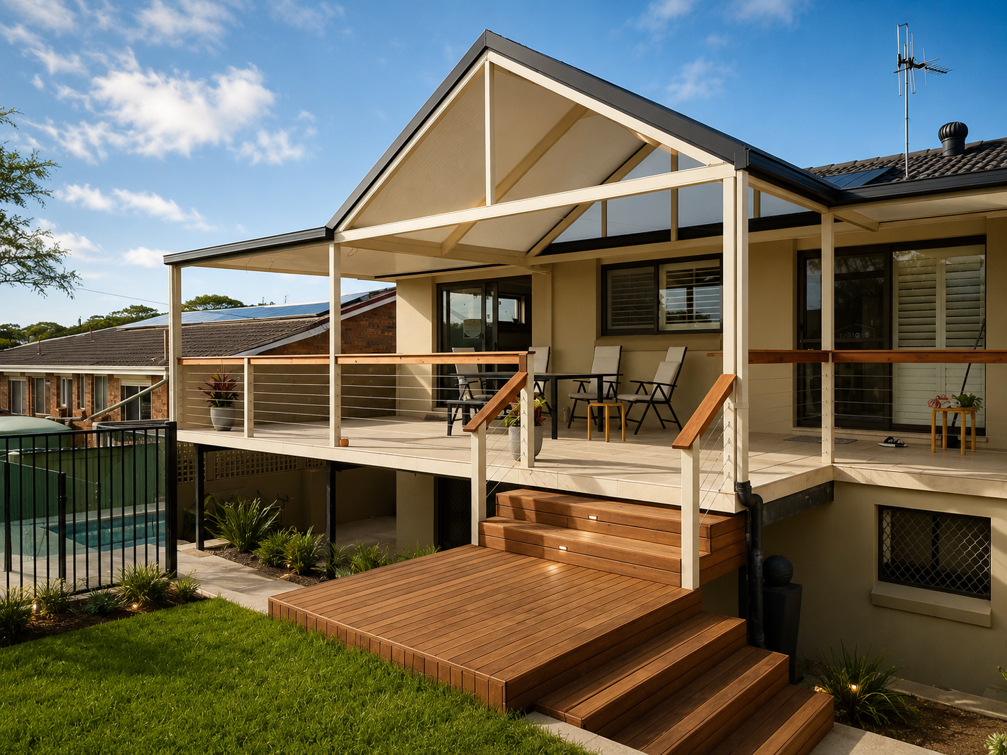 Residential house with a large balcony porch, wooden stairs, outdoor seating, and a backyard with lawn and plants.