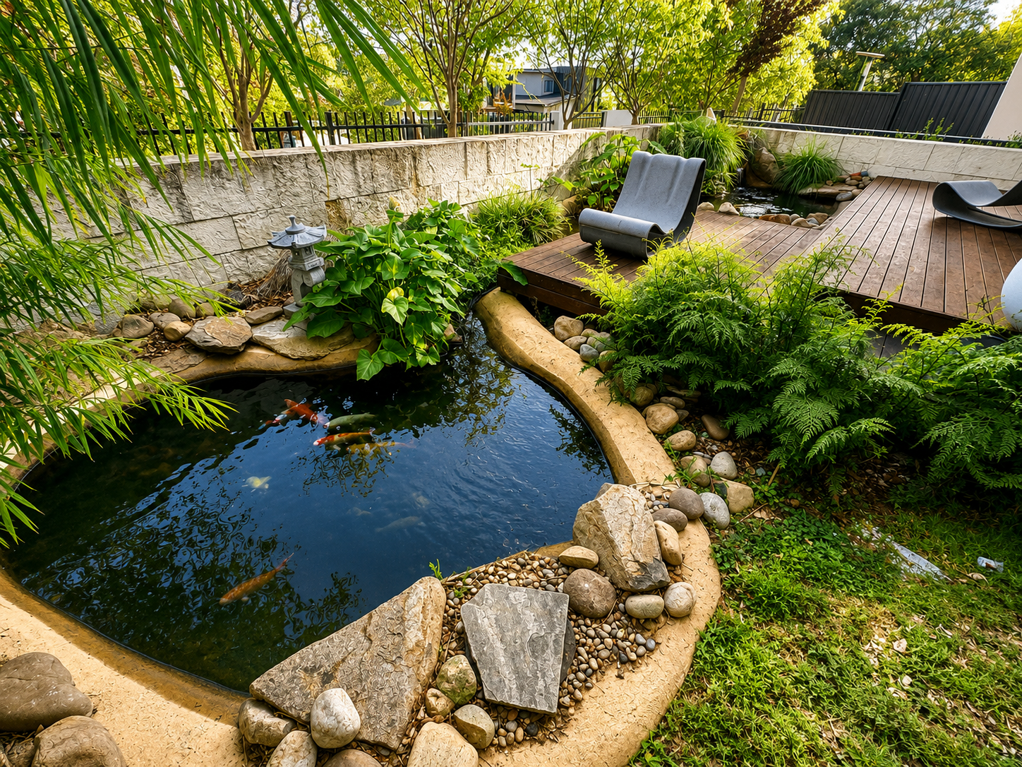 Backyard garden with koi pond, wooden deck, plants, and surrounding fence.