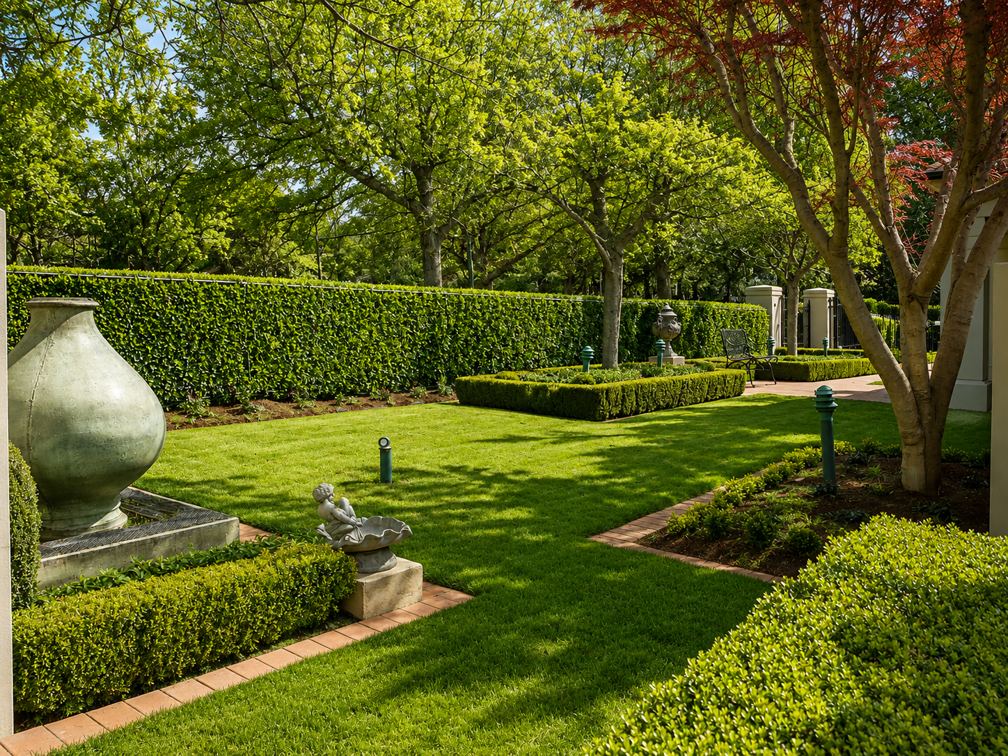 A well-maintained garden with trimmed grass, decorative shrubs, trees, a large urn fountain, bench, and various small decorative elements with bright sunlight and shadows.