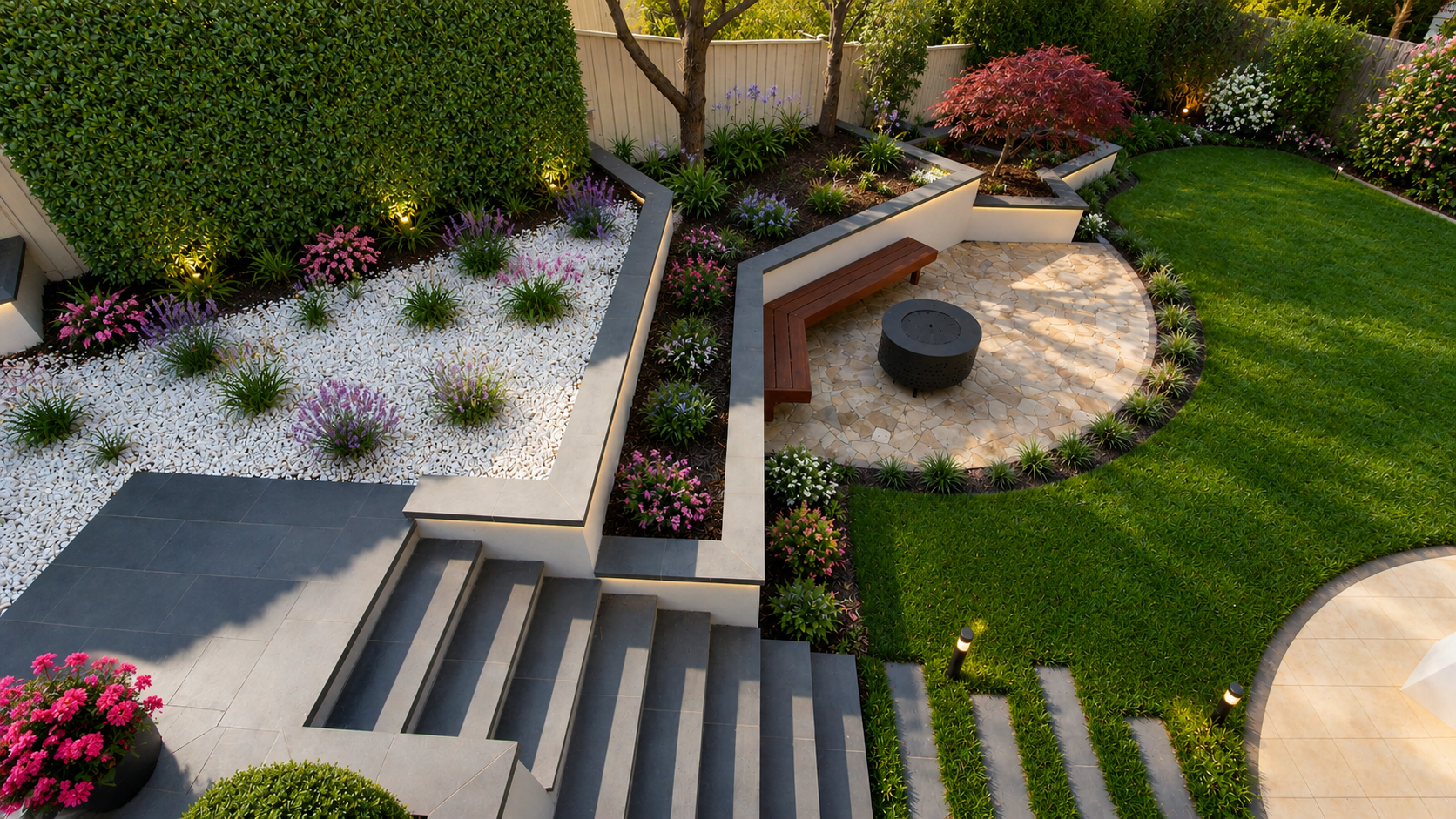 A well-maintained backyard garden featuring a stone patio with a fire pit, a curved grassy area, flower beds with colorful flowers, trees, and a small seating area with a wooden bench.
