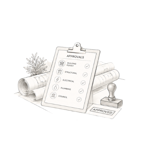 Architectural approvals checklist with building permit, structural, electrical, plumbing, and council approvals, along with rolled blueprints, stamps, and a plant.