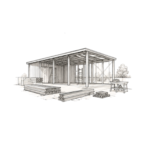 Sketch of a wooden shed under construction with lumber and tools around it.