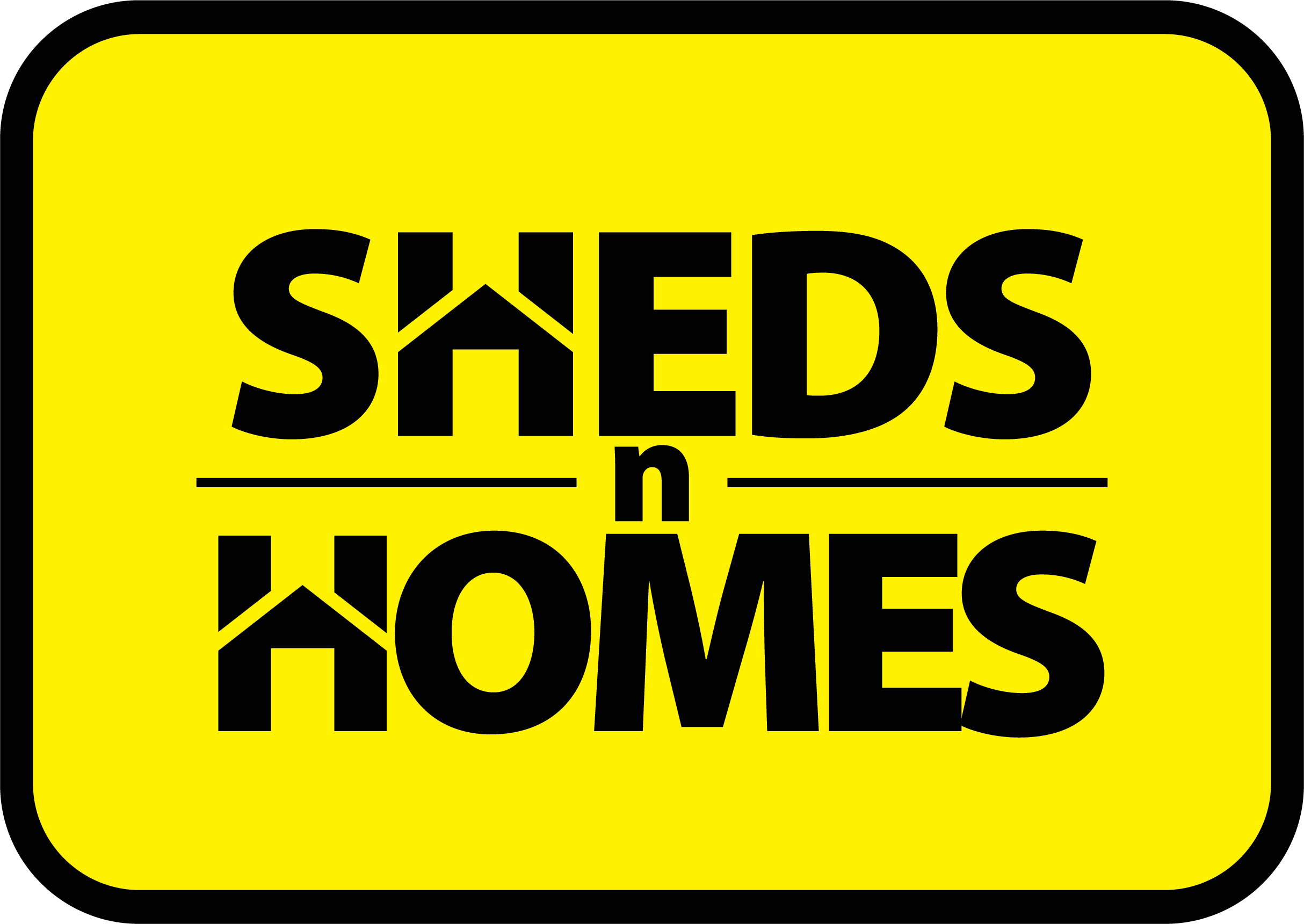 Yellow background with the black text 'Sheds n Homes' arranged in a block style.