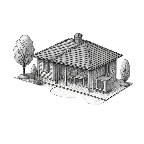 A black and white illustration of a house with a sloped roof, surrounded by trees and bushes.