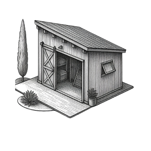 Black and white illustration of a small wooden shed with a sloped roof, a window, and a sliding barn door, positioned on a wooden platform with plants nearby.