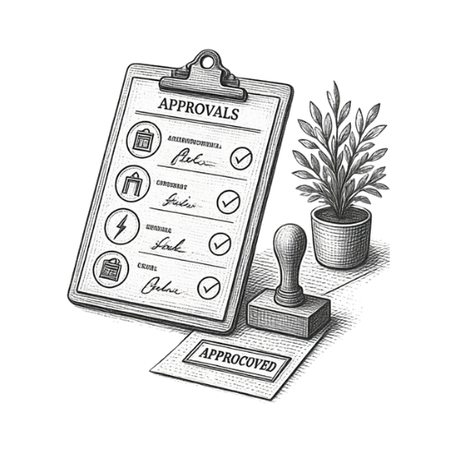 A mental approval sheet with checkmarks next to different categories, a rubber stamp marked 'APPROVED,' a plant in a pot, and a stamp pad.
