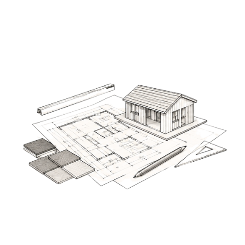Architectural plans, a small blueprint of a house, and a miniature model of a house on top of the plans, with drawing tools nearby.
