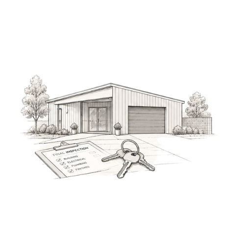 Sketch of a house with a front yard, trees, and a garage, accompanied by keys and an inspection checklist labeled 'Final Inspection'.