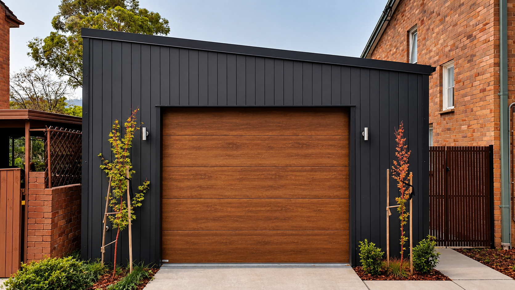 Modern garage with black siding and wooden garage door, flanked by small trees and plants, and surrounded by brick and wood fences.