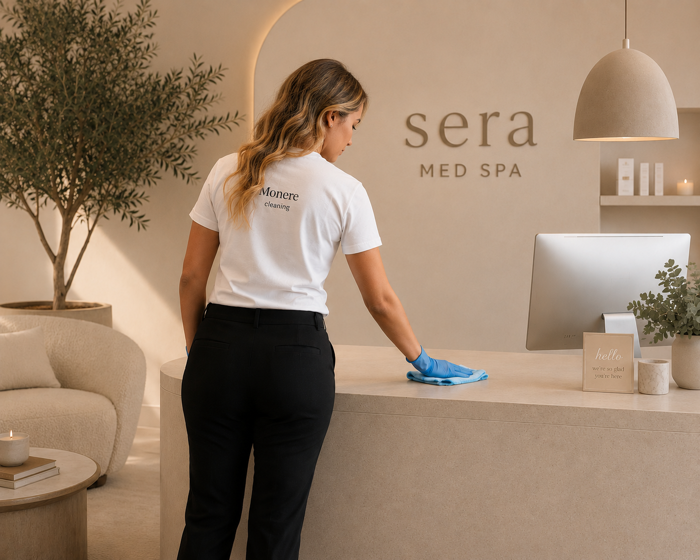 A woman in a uniform cleaning a reception desk at Sera Med Spa, with a potted plant and a candle on a table nearby.