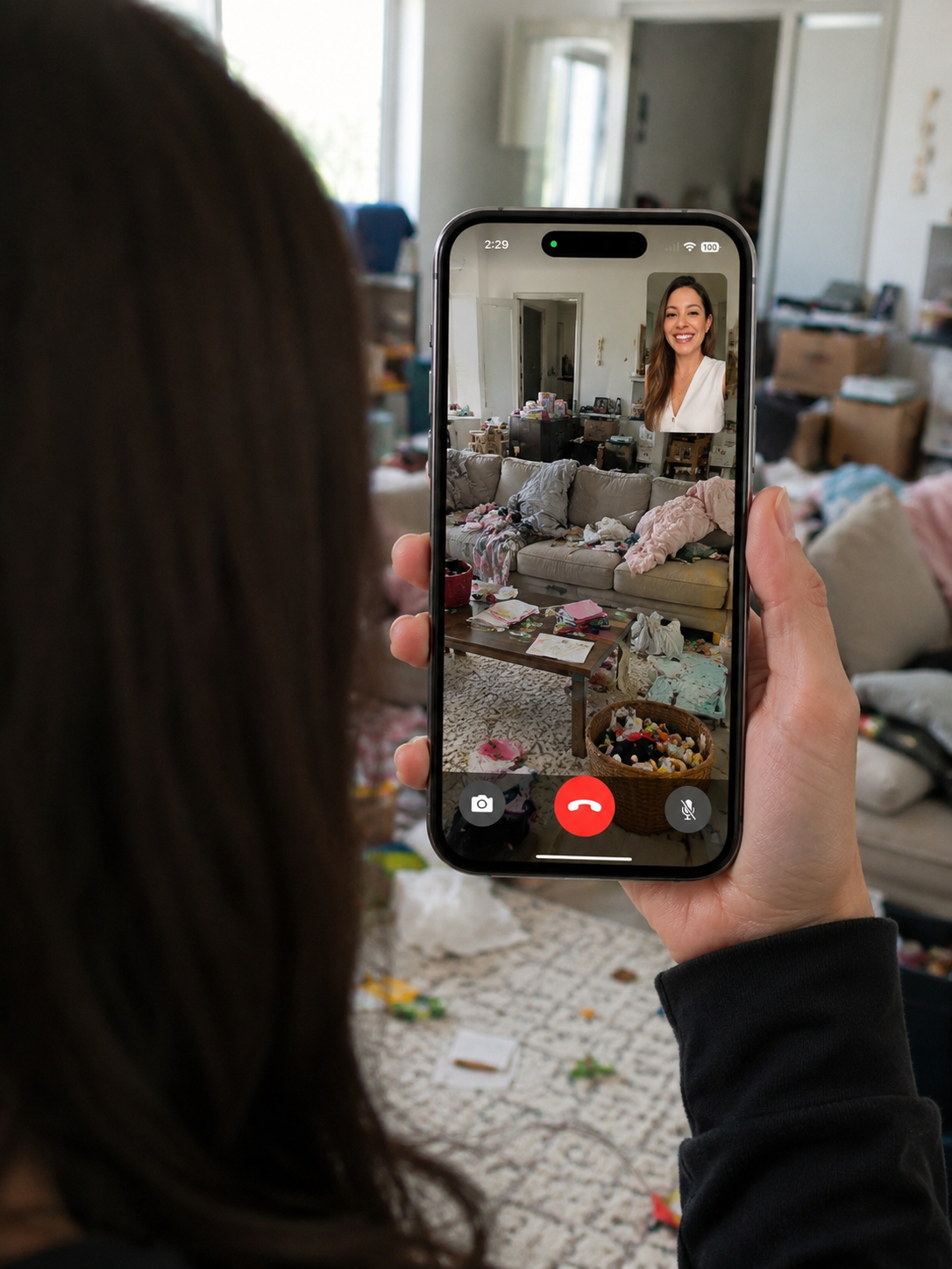 Person holding a phone during a video call with a smiling woman. The background shows a cluttered living room with a sofa, coffee table, and various items scattered around.