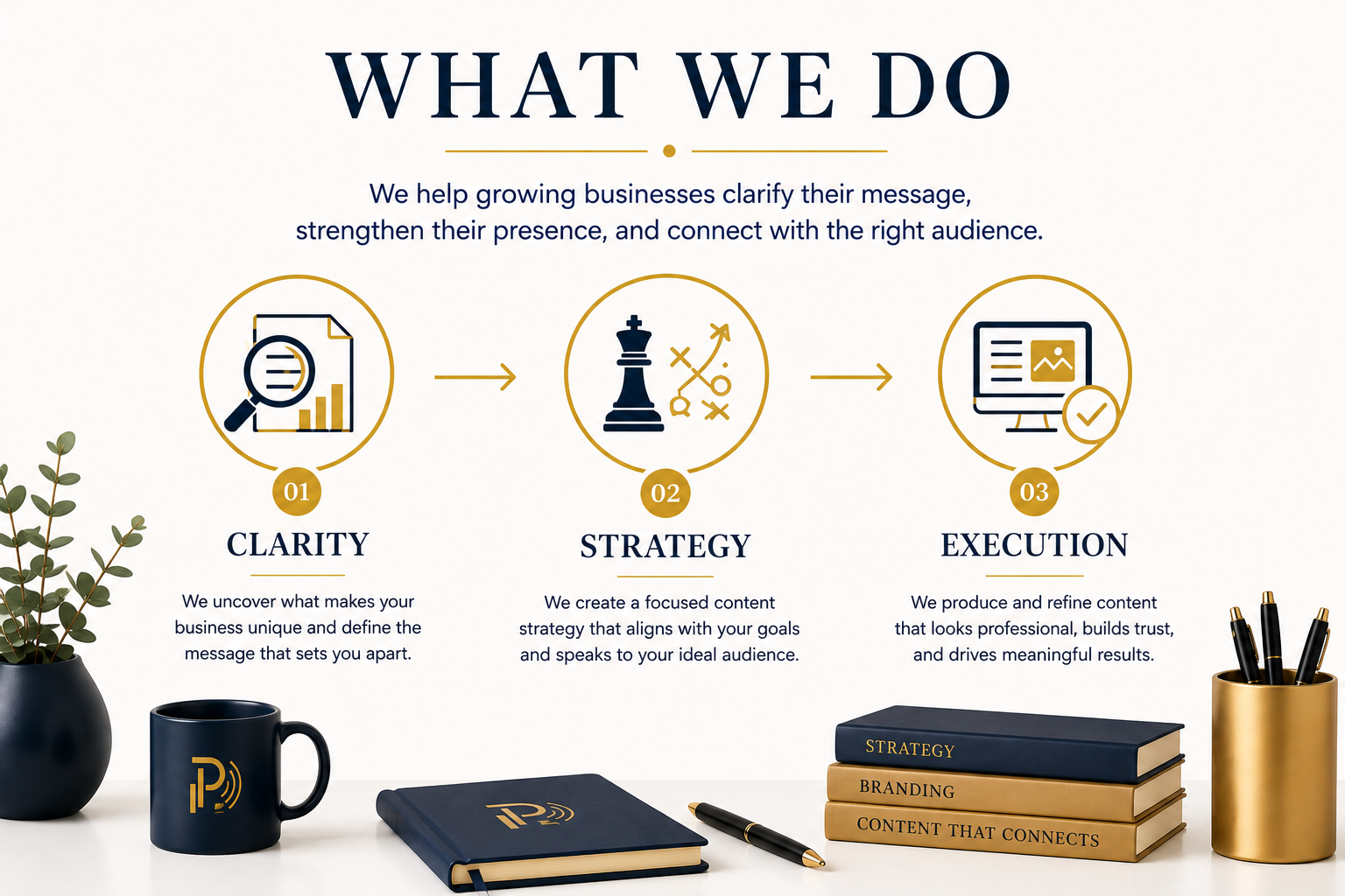 Business infographic outlining a content strategy process for growing businesses, including clarity, strategy, and execution to improve messaging, visibility, and audience connection.