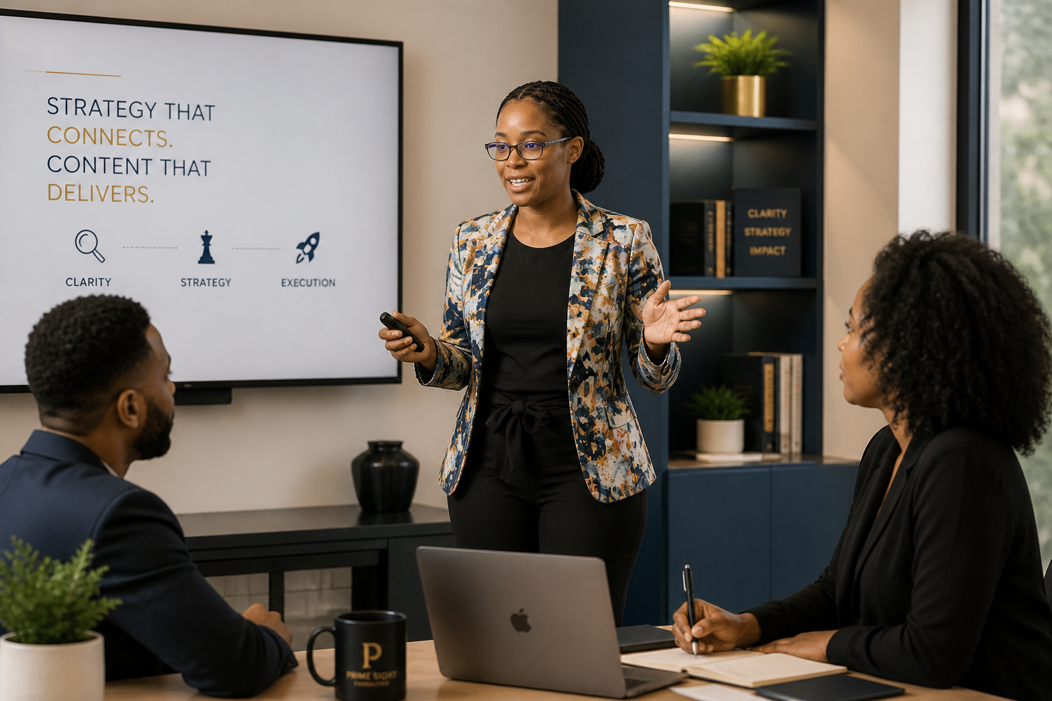 Business strategy meeting with a consultant presenting a content strategy framework focused on clarity, strategy, and execution in a professional office environment.