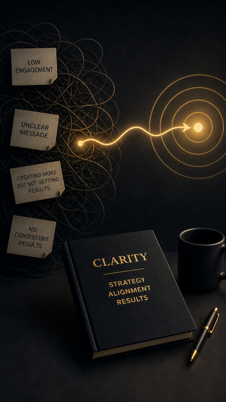 Illustration of tangled, chaotic lines representing unclear content leading to a clear path toward a target, symbolizing the shift from confusion to clarity and results.