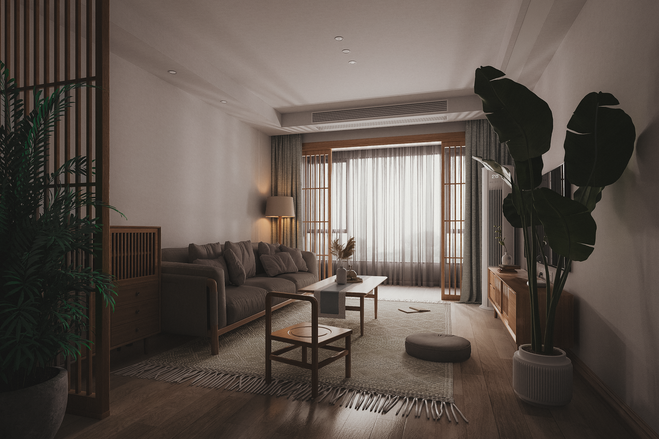 Living room with beige couch, dark wood furniture, large window with curtains, potted plants, ceiling lights, and decorative items on coffee table.