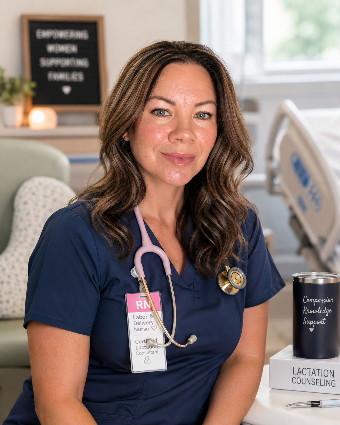 A female nurse in navy scrubs with a pink stethoscope around her neck, sitting at a desk in a hospital or clinic room. There are signs and a mug on the desk that read related to nursing and lactation counseling. In the background, there is a bed and a sign that reads 'Empowering Women Supporting Goals'.