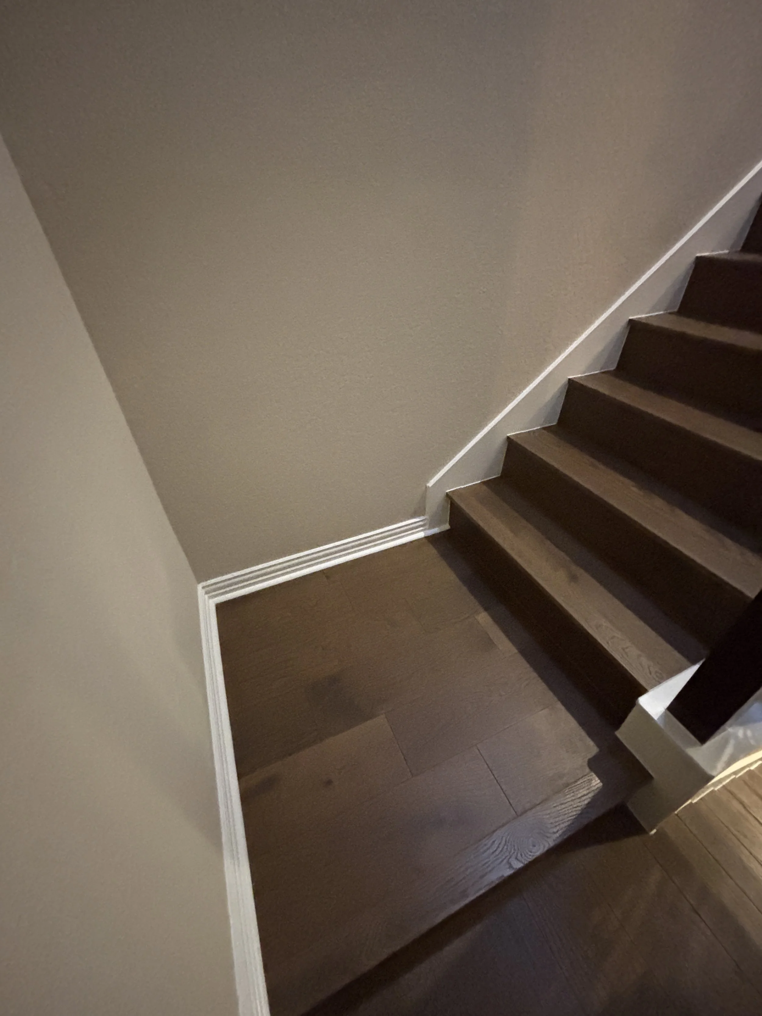 Interior view of a staircase with dark wooden steps and beige walls with white trim.
