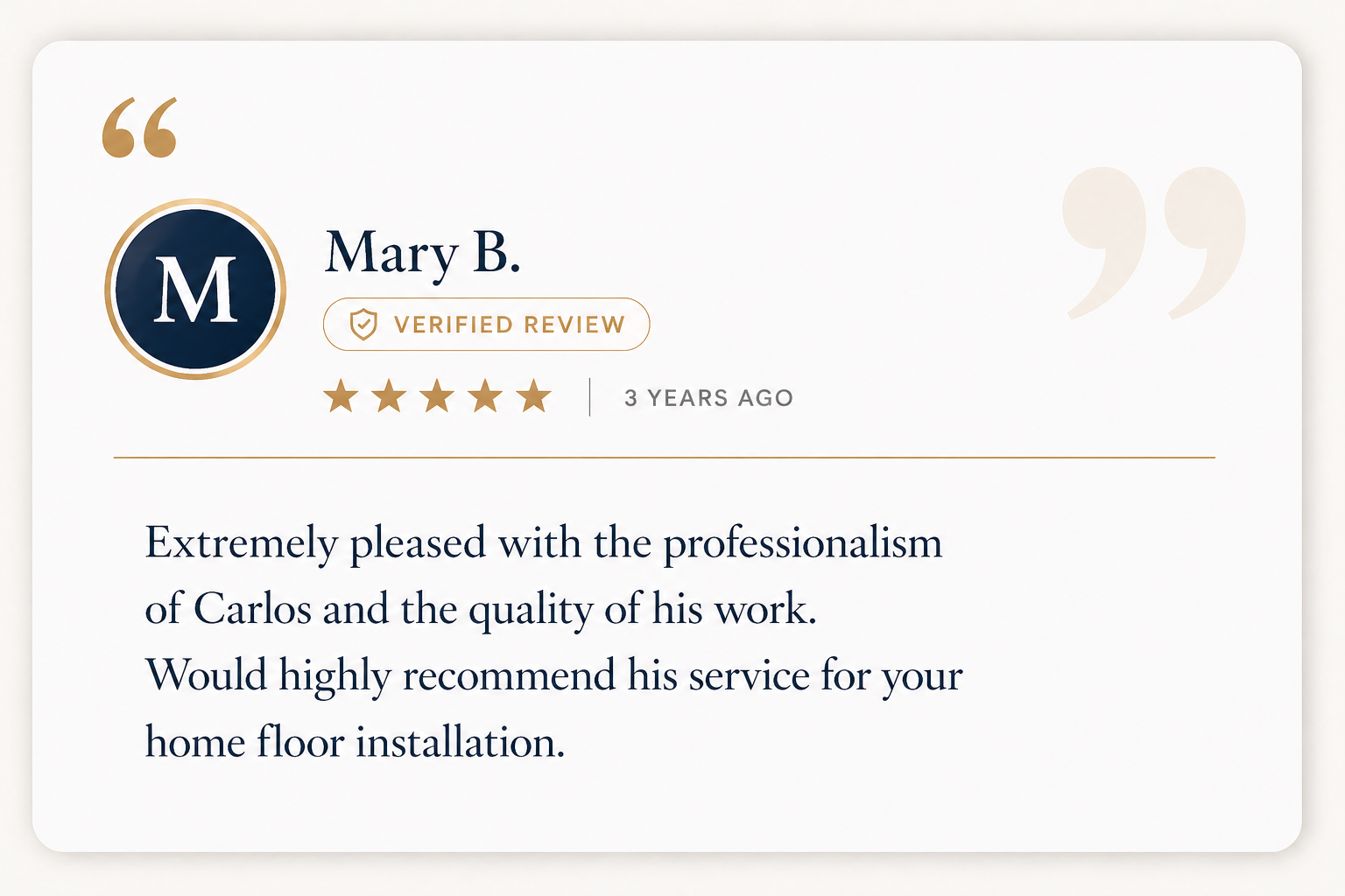 Customer review for C & R Flooring in San Antonio, highlighting flooring installation services including hardwood, laminate, and vinyl plank for residential homes.