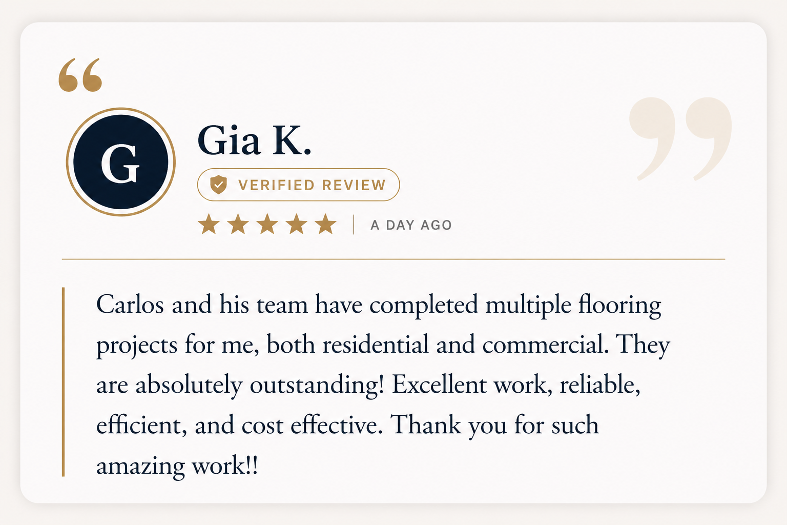 Customer review for C & R Flooring in San Antonio, highlighting hardwood and flooring installation services for residential projects.