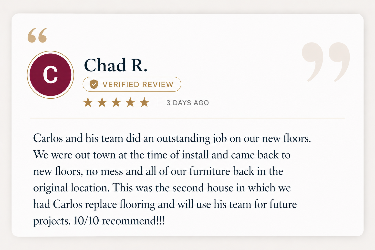Customer review for C & R Flooring in San Antonio, highlighting flooring installation services including hardwood, vinyl, and tile work for residential homes.
