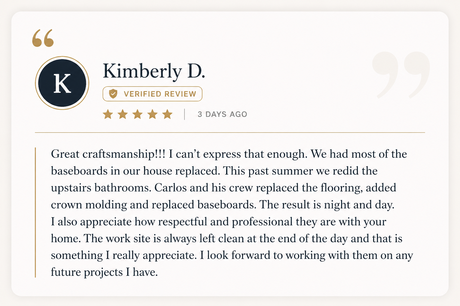 Customer review for C & R Flooring in San Antonio, highlighting flooring installation services including hardwood, laminate, and vinyl plank for residential homes.