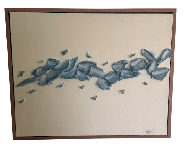 Abstract painting featuring a flowing, dark blue, feather-like design on a light beige background, framed in wood.