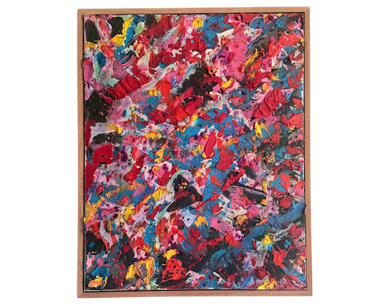 Abstract colorful painting with red, pink, blue, black, yellow, and white brushstrokes on canvas inside a gold frame.