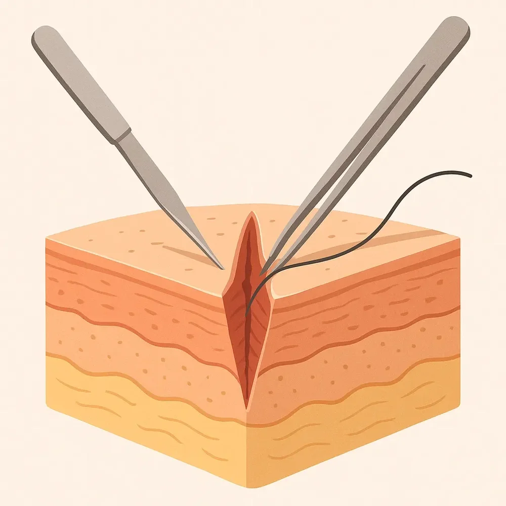 Illustration of surgical scar revision, where a scar is removed and the skin closed in a finer line