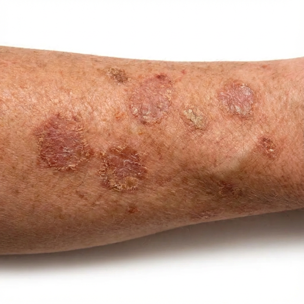 Rough, scaly actinic keratoses on a sun-damaged forearm