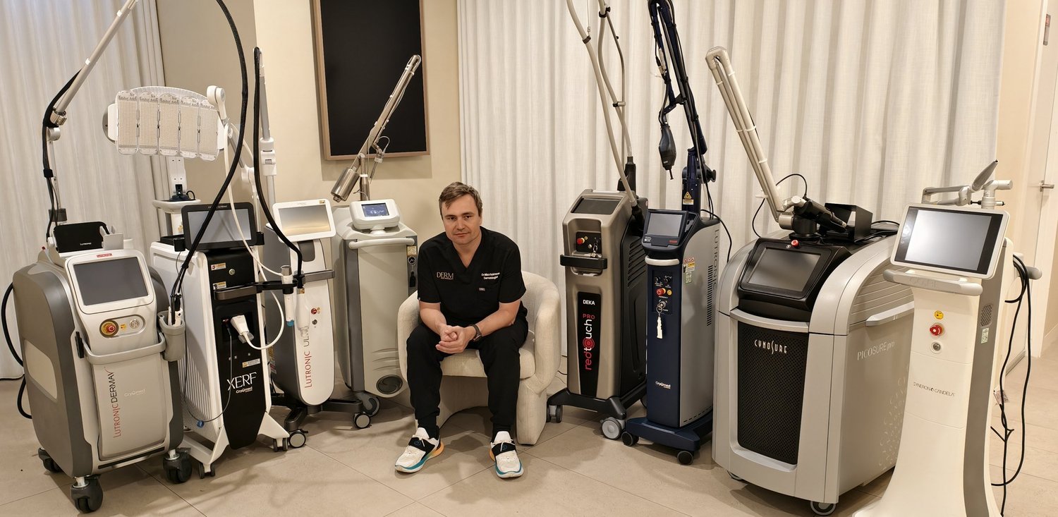 Dr Mitch Robinson, specialist dermatologist, in the laser suite at DERM Skin Specialists, Mount Gravatt, Brisbane, where he treats rhinophyma with CO2 laser