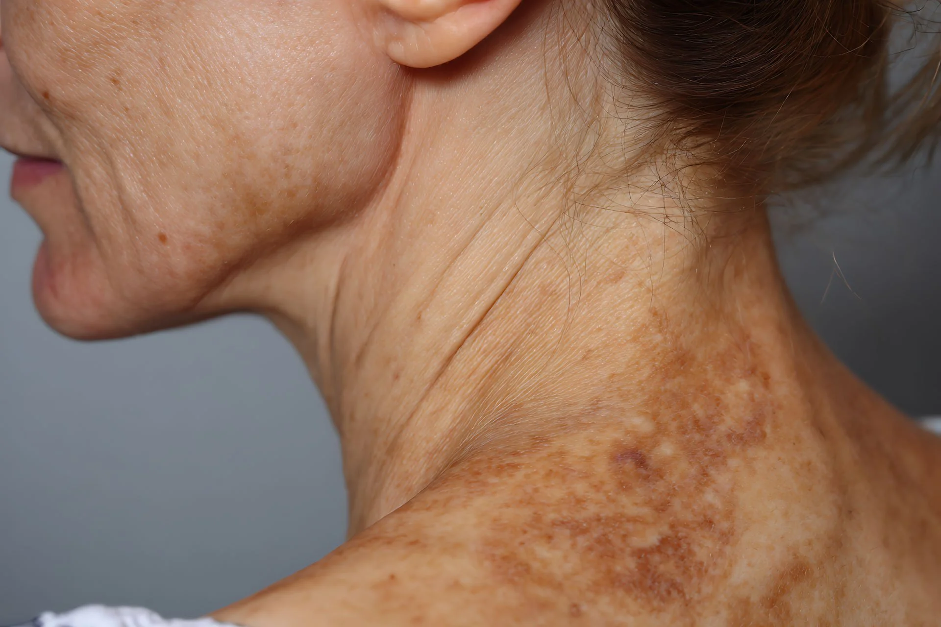 Close-up of an elderly woman's neck and lower face showing skin with age spots and wrinkles.