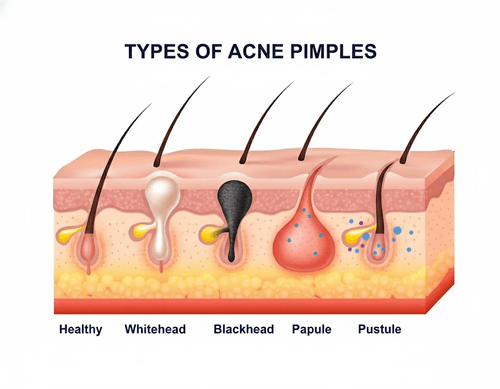Diagram showing five types of acne pimples: healthy skin, whitehead, blackhead, papule, and pustule, with illustrations of each type on skin.