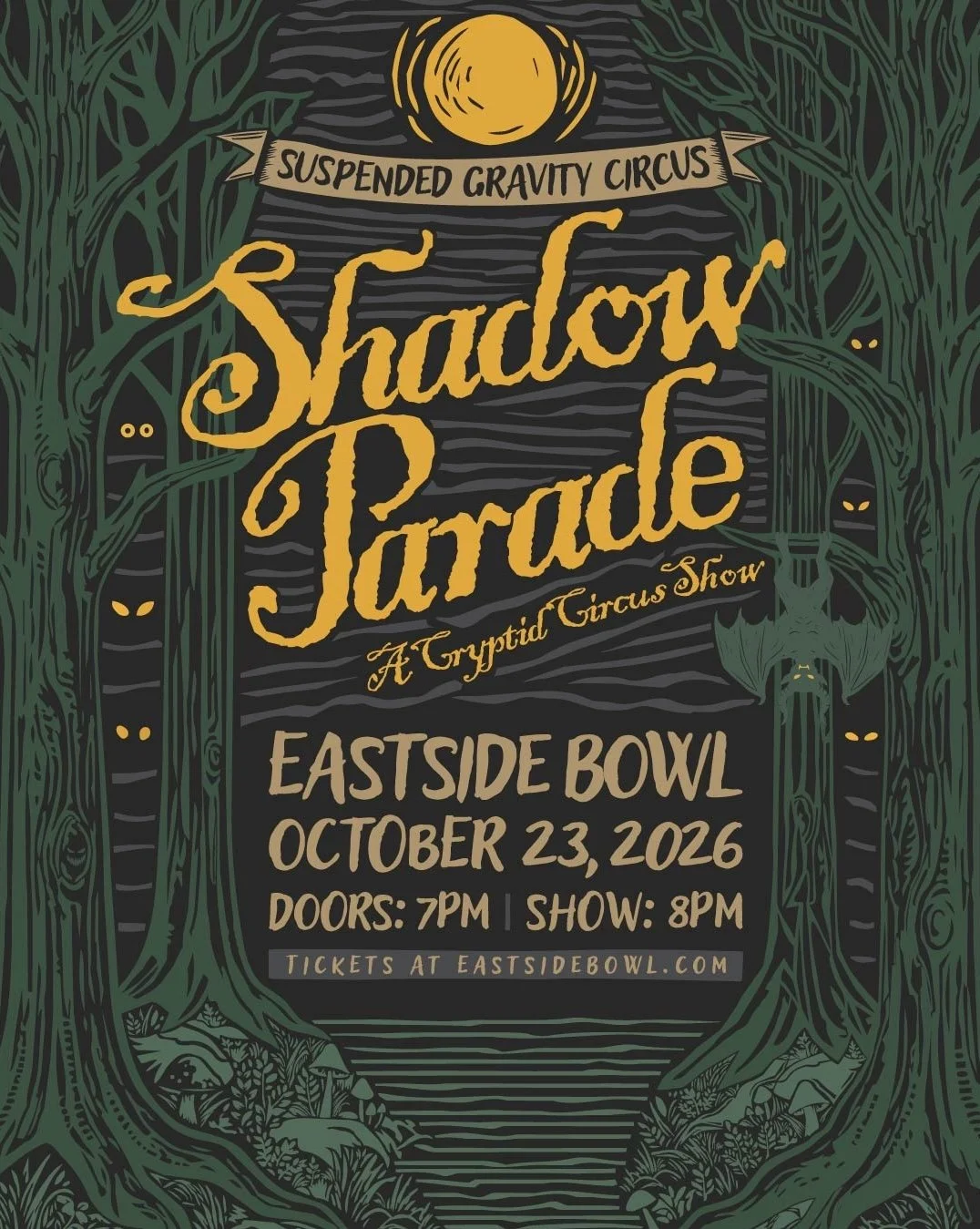 A poster featuring a spooky forest with hidden monsters advertising Shadow Parade, a show by Suspended Gravity Circus