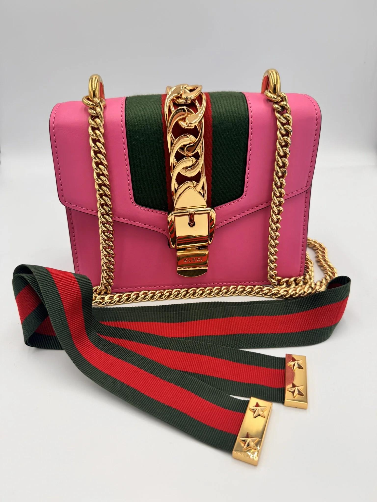 Gucci Sylvie Mini Chain Shoulder Bag in Pink Leather with Web Stripe & Gold Hardware