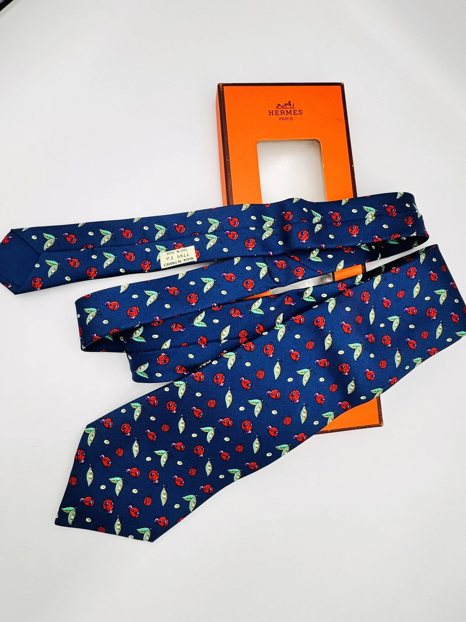 Hermes Paris Vintage Silk Tie Navy Ladybug Pea Pod Print 7799FA w/Box