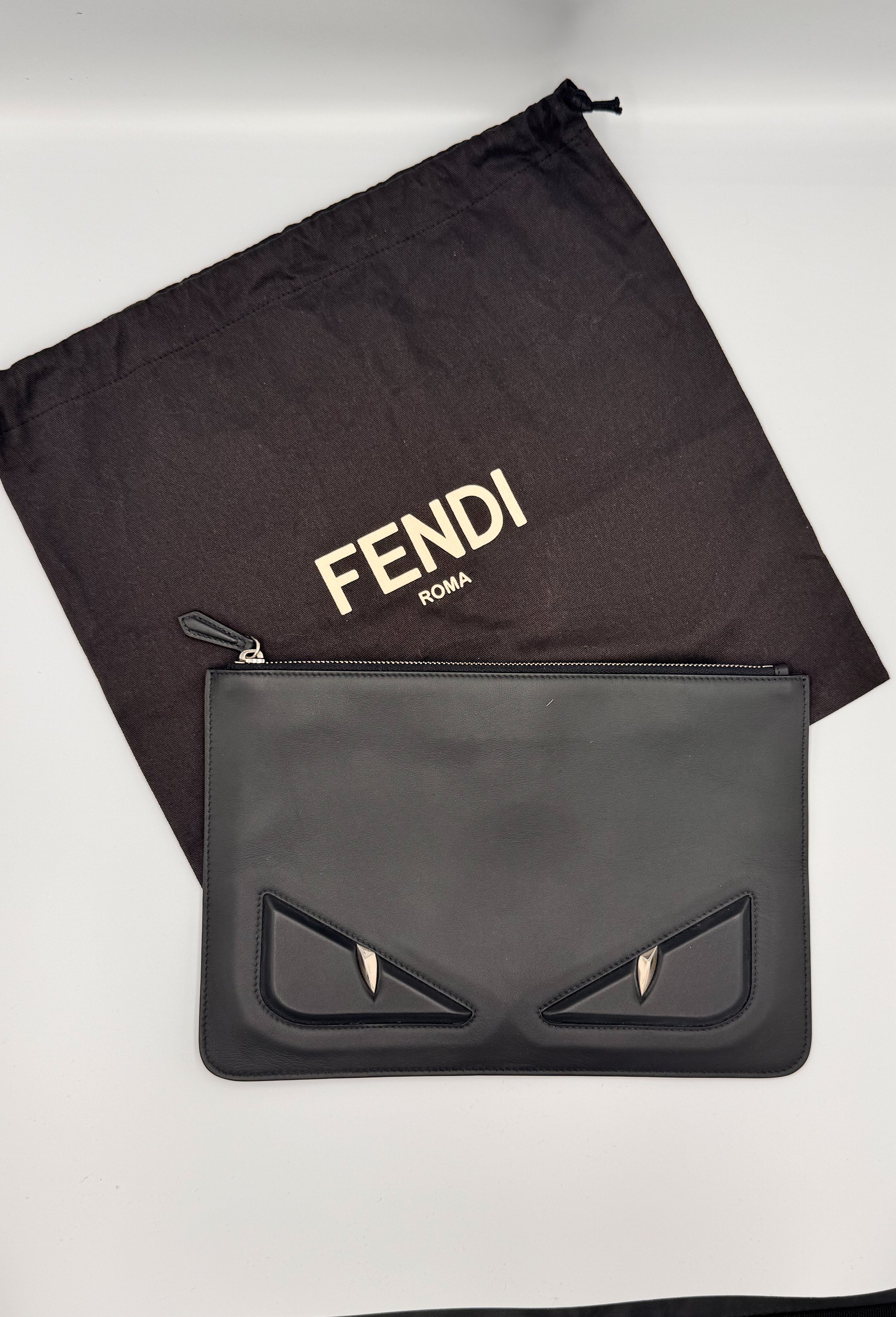 Fendi Monster Bag Bugs Black Leather Zip Pouch Clutch