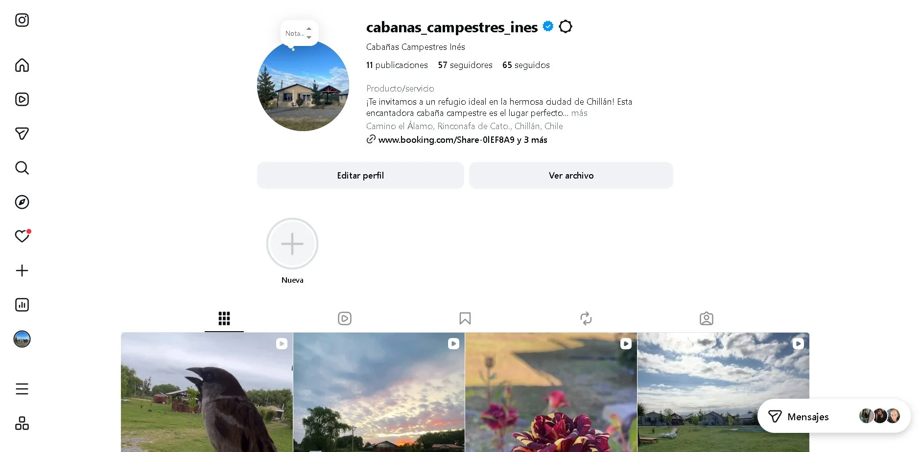 Pantalla de perfil de Instagram que muestra publicaciones de un lugar en Chillán, Chile, con fotos de aves, paisajes y flores, en un entorno rural