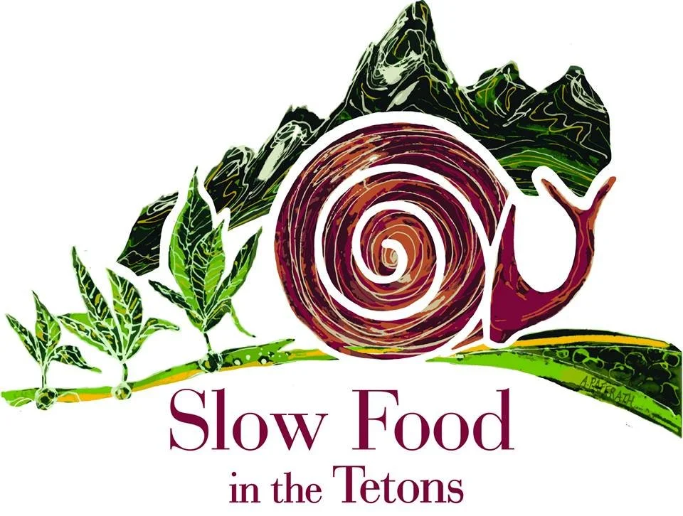 A graphic logo with a snail, mountain range, and plant elements, and the text 'Slow Food in the Tetons'.