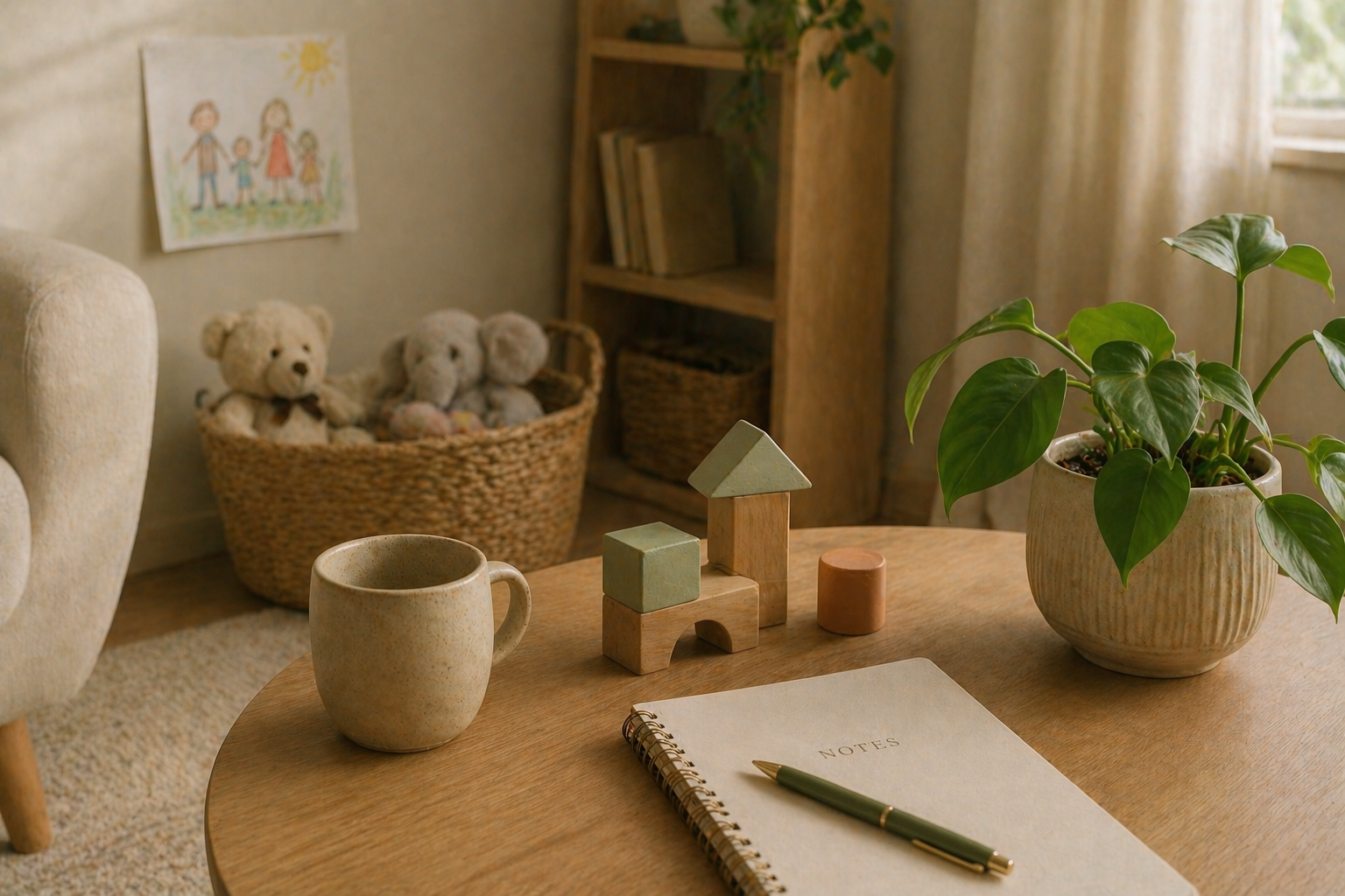 Close-up of cozy therapy office details in Orlando, Florida with warm tones