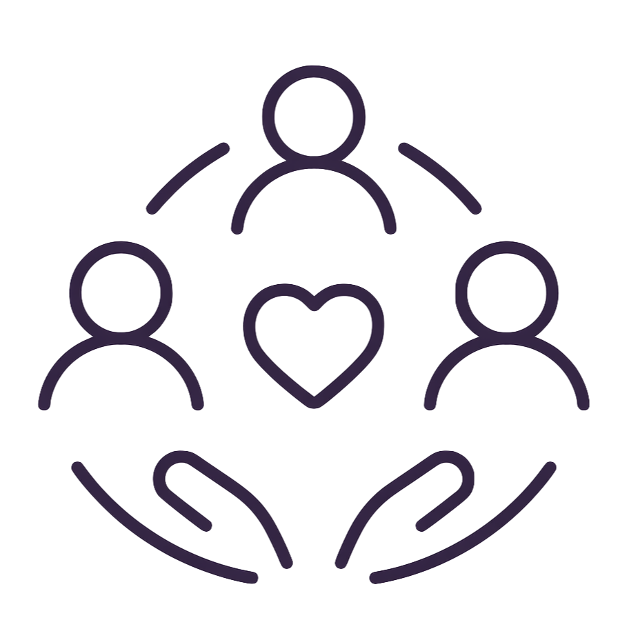 Outline of three people connected in a circle with a heart in the middle, held by two hands.