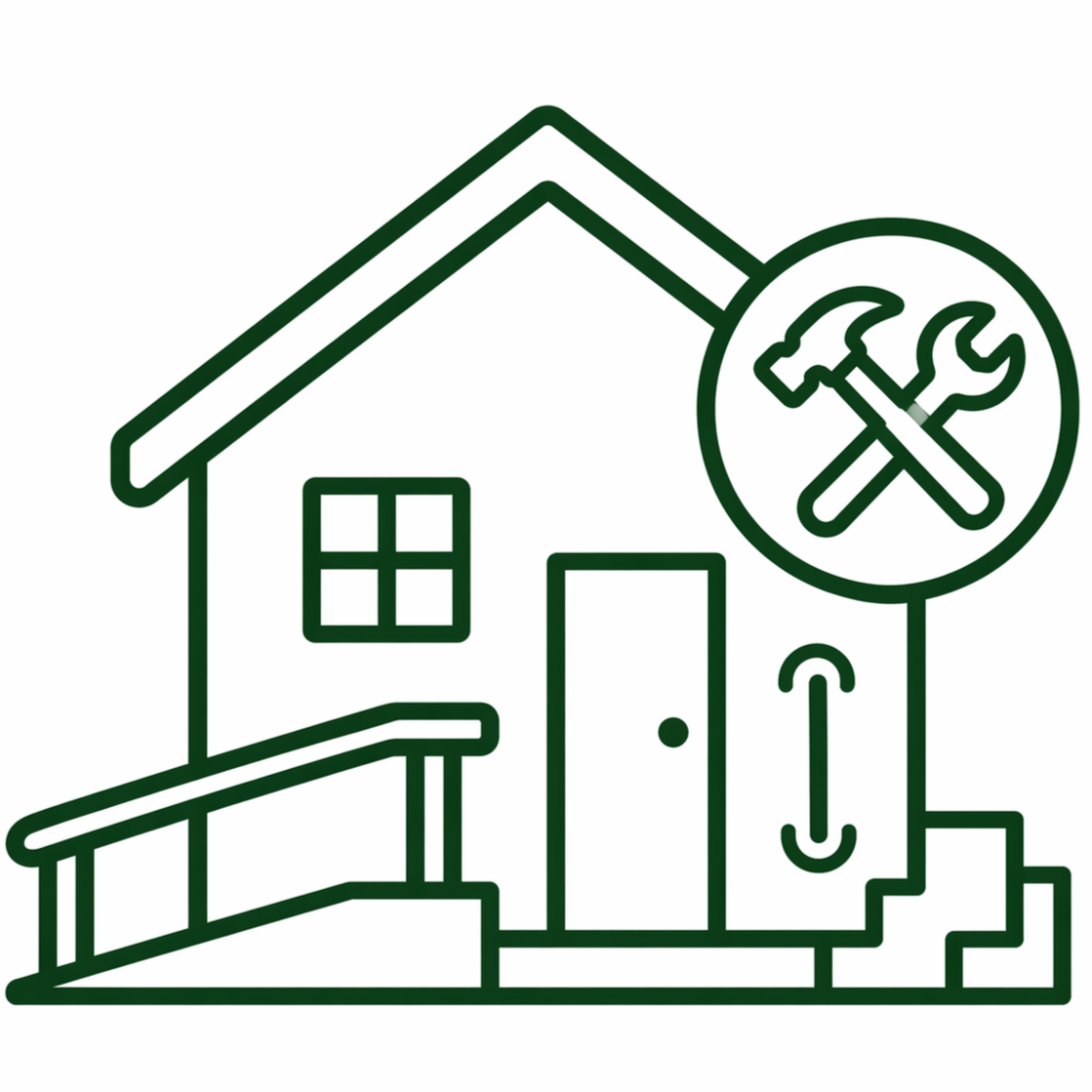 Outline drawing of a house with a window, door, and stairs, featuring a circular icon with a hammer and wrench for maintenance.