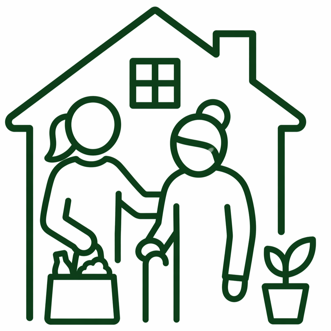 Line drawing of two older women talking inside a house with a window, a potted plant, and a roof outline.