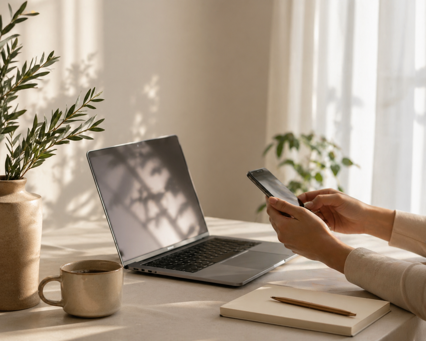 A person holding a smartphone at a desk with a laptop, a cup of coffee, a notebook, a pen, and potted plants, with sunlight streaming through curtains.