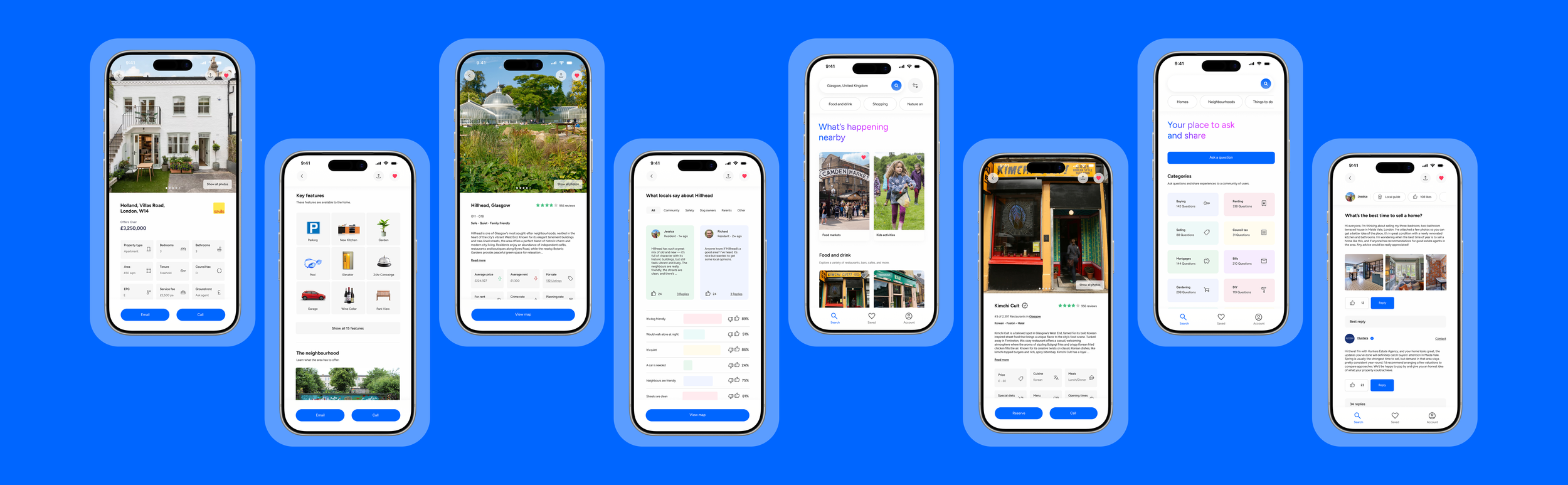 Eight smartphones displaying various app screens related to homes, neighbourhoods, things to do and communities, arranged in a row against a blue background.