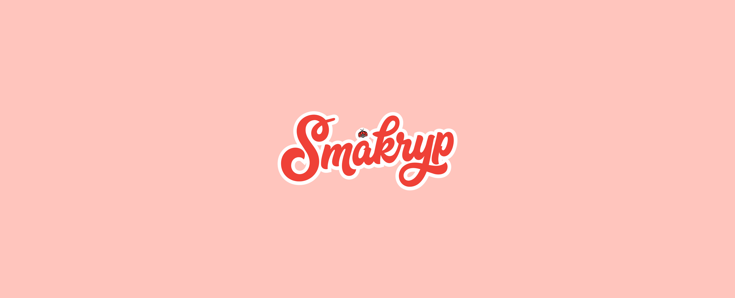 The image has a pink background with the word 'Småkryp' written in red cursive font with a white outline. There is a small ladybug sitting on the letter 'k'.