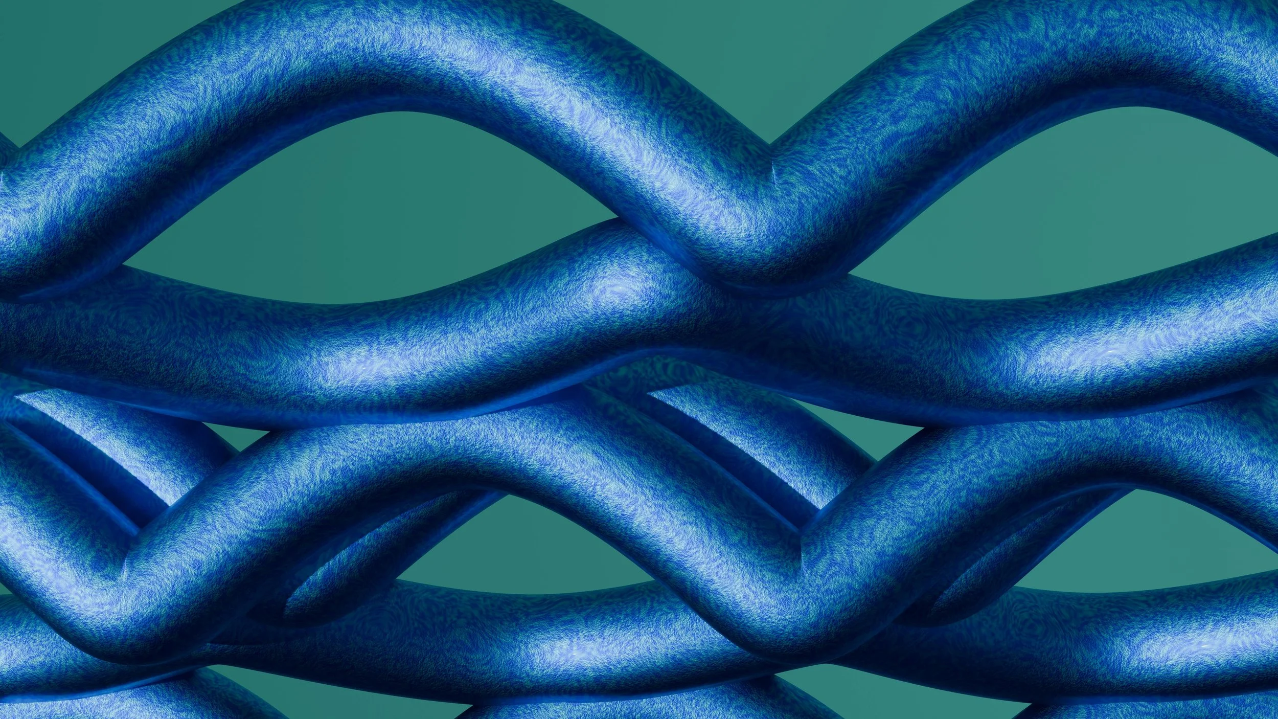 Close-up of intertwined blue metallic rope loops against a teal background.